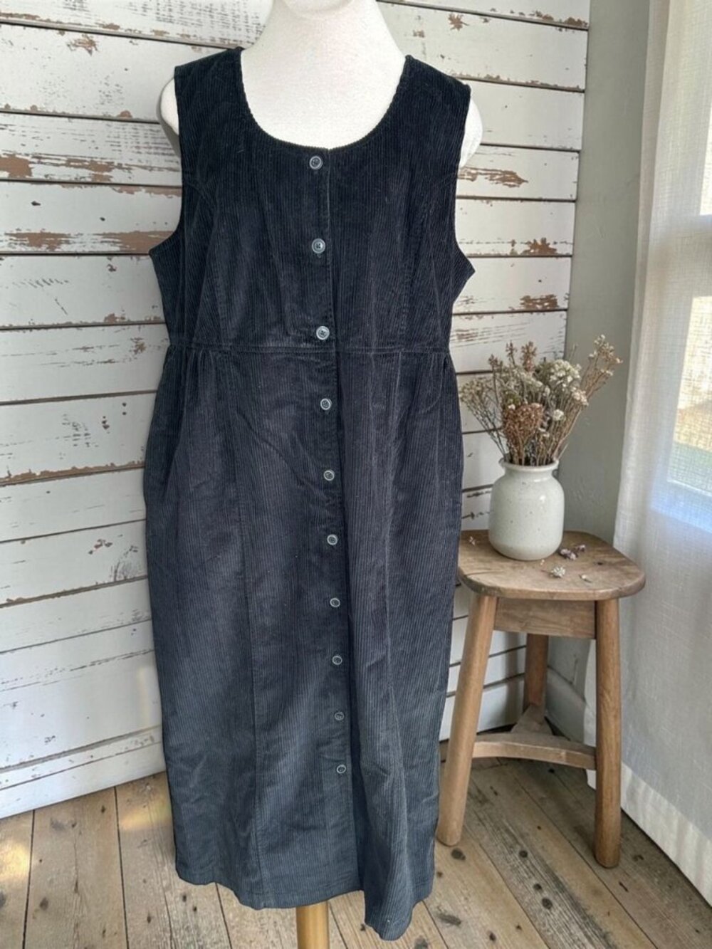 Eddie Bauer 90s Black Corduroy Midi Jumper Dress Academia, Cottage Chic XL